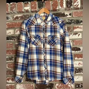 Guess Blue and Brown Plaid Casual Button Down Shirt